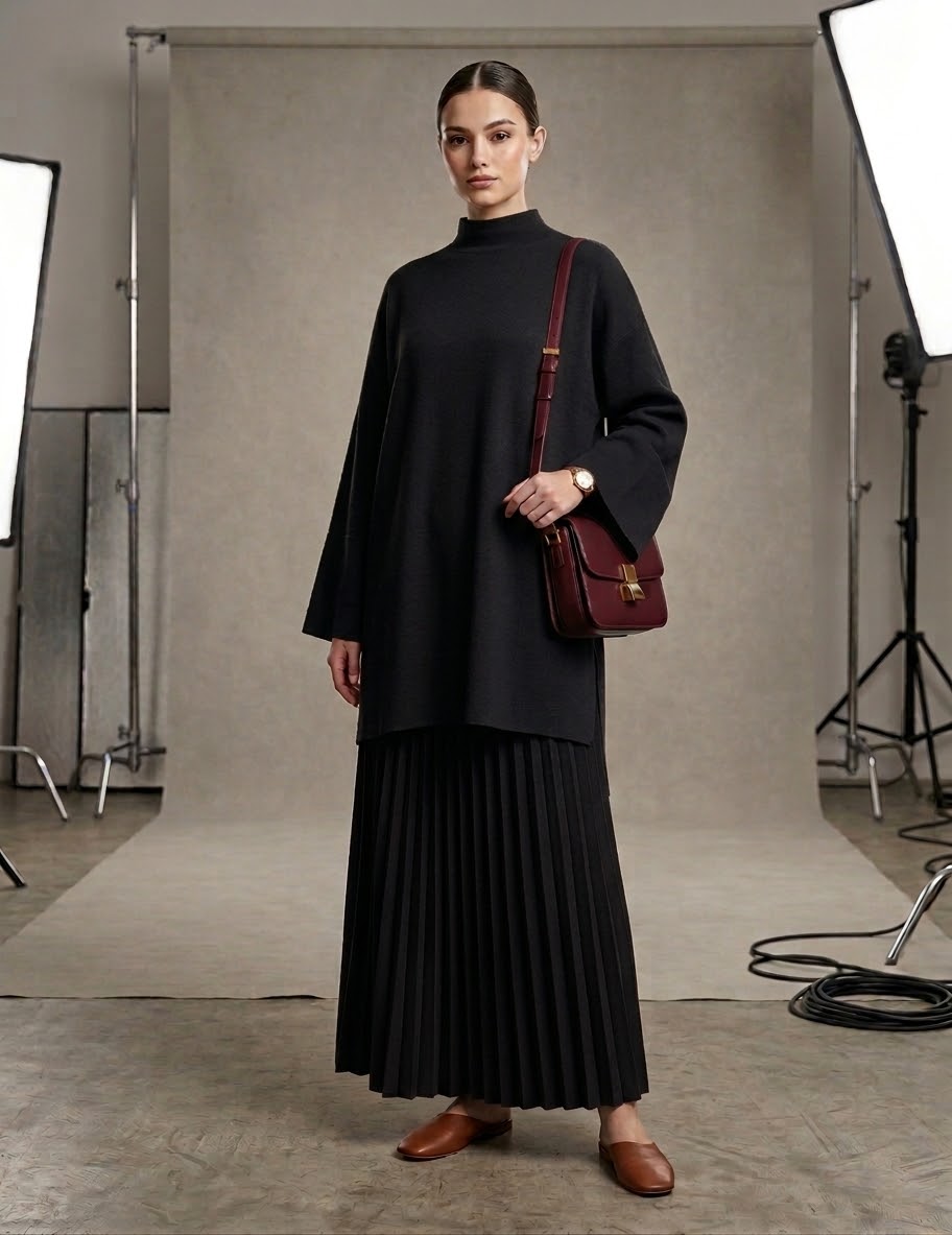 Mock-Neck Tunic & Pleated Skirt Co-Ord Set