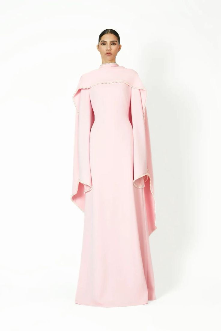 Elegant Pearl-Trimmed Cape Sleeve Maxi Evening Gown