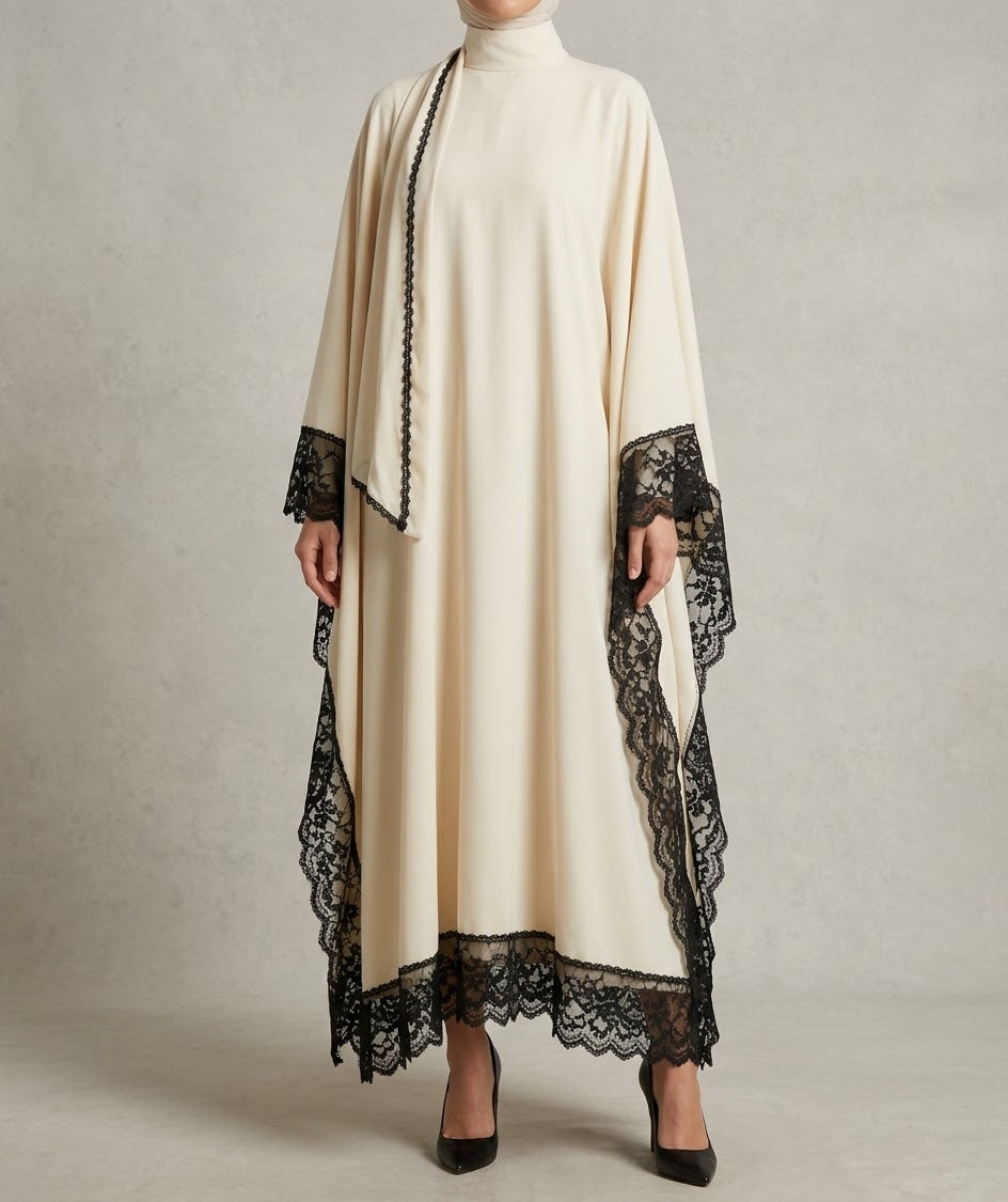 Lace-Trimmed High-Neck Kaftan Abaya Set