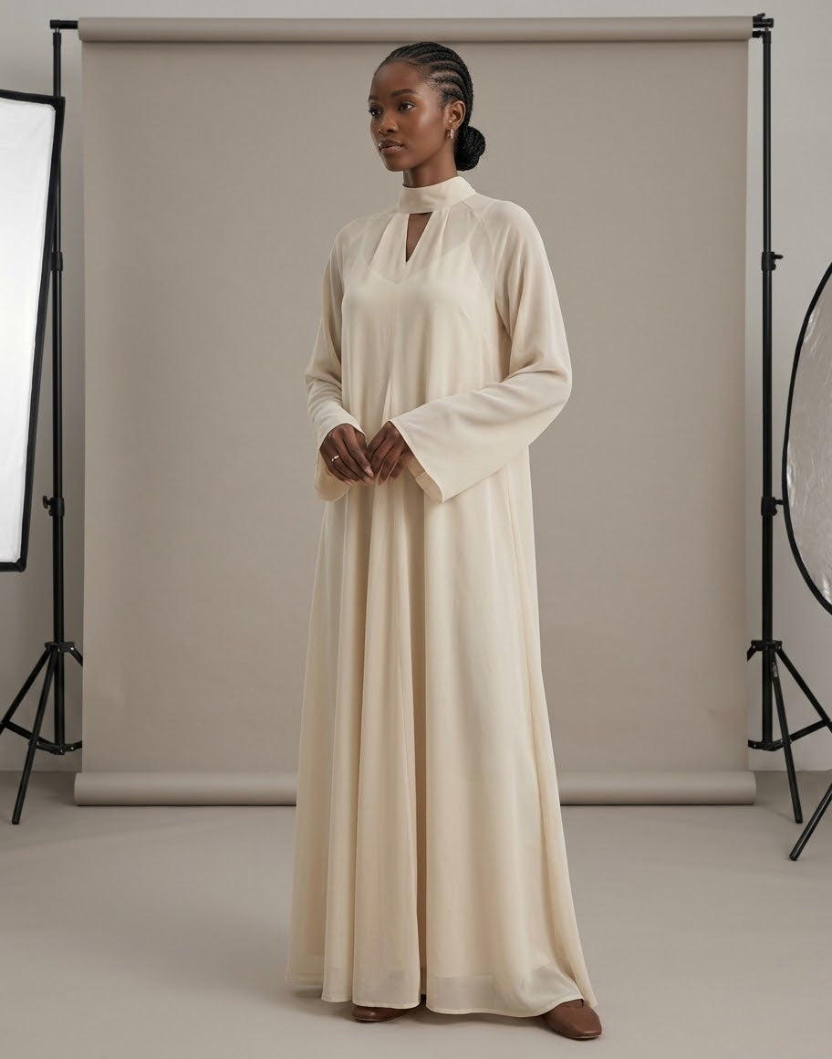 High-Neck Chiffon Overlay Abaya Maxi Dress