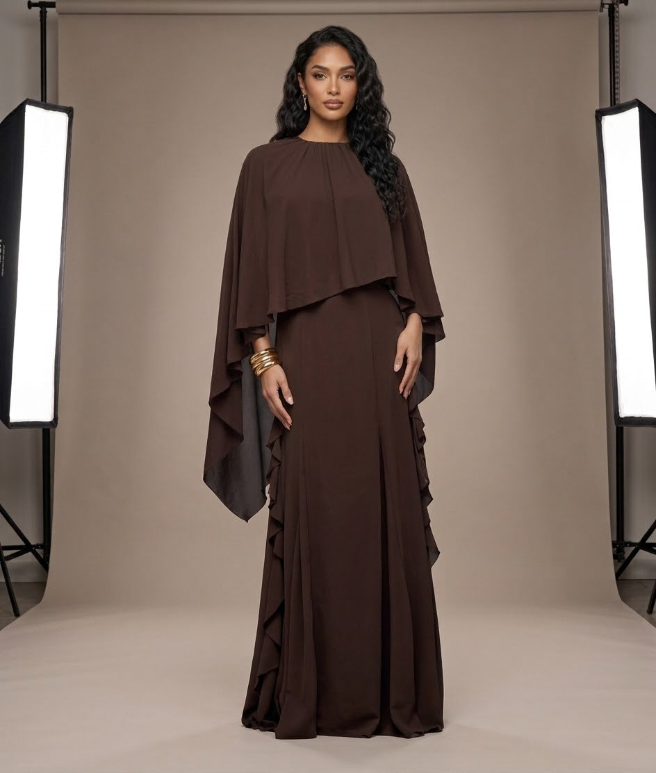 Chiffon Layered Capelet Maxi Dress with Cascade Ruffles