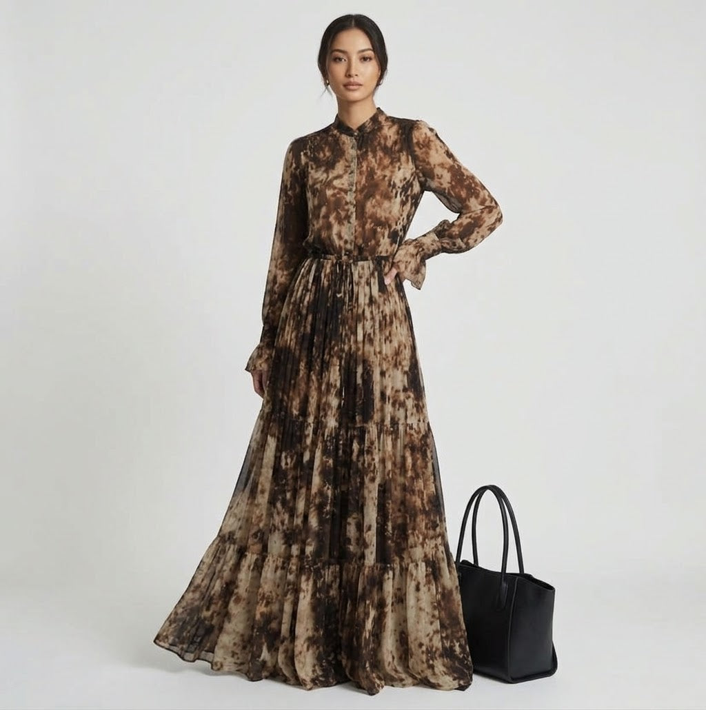 The Florence Abstract Print Tiered Maxi Dress – Mocha & Ebony