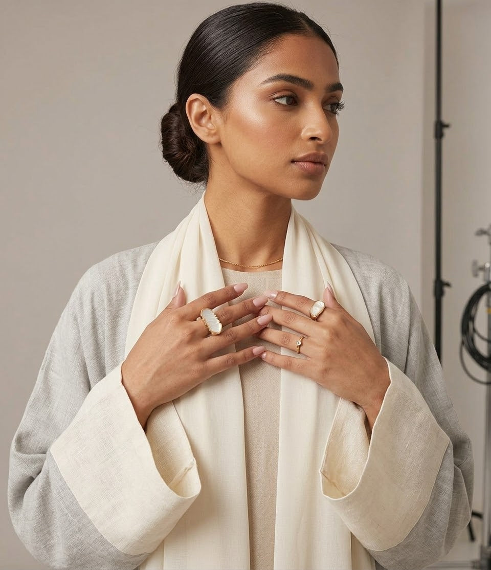 Contrast-Border Linen Abaya Set with Inner Dress & Hijab