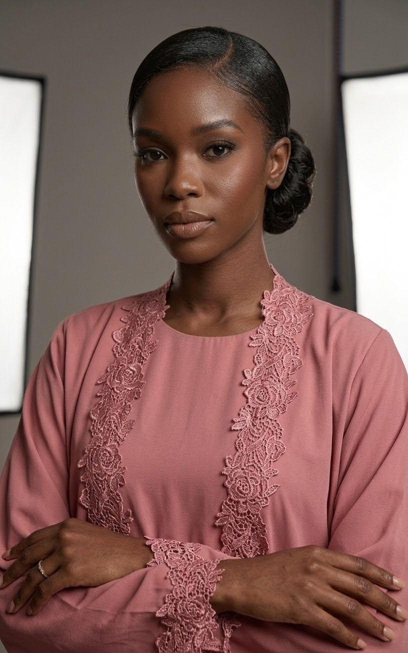 Dusty Rose Pink Lace-Trimmed Abaya 3-Piece Set