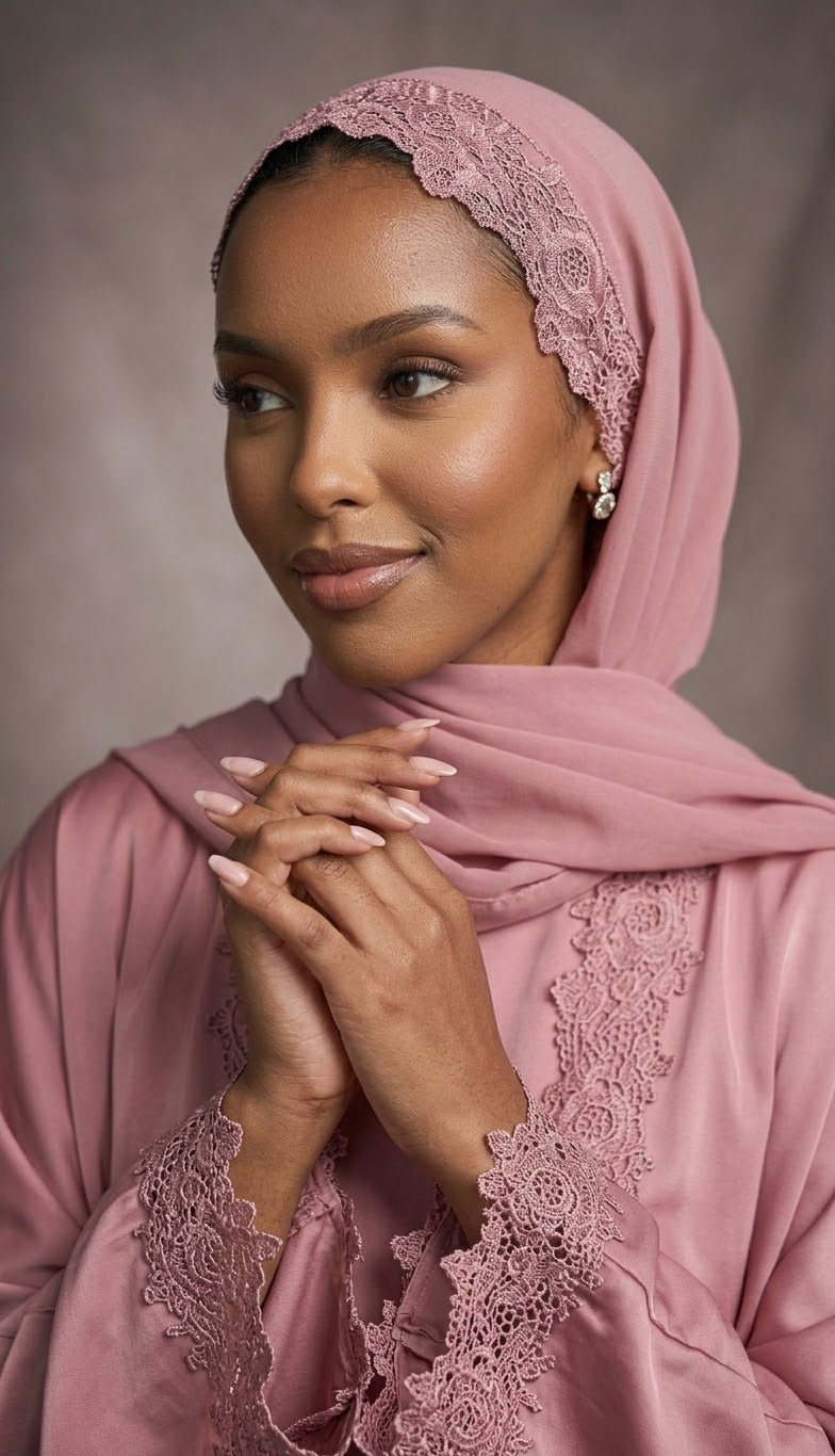 Dusty Rose Pink Lace-Trimmed Abaya 3-Piece Set