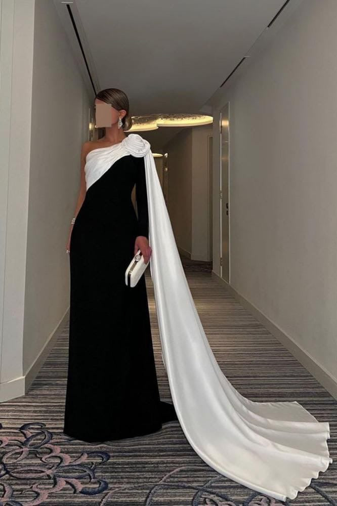 One-Shoulder Velvet Gown with Rosette Cape Train