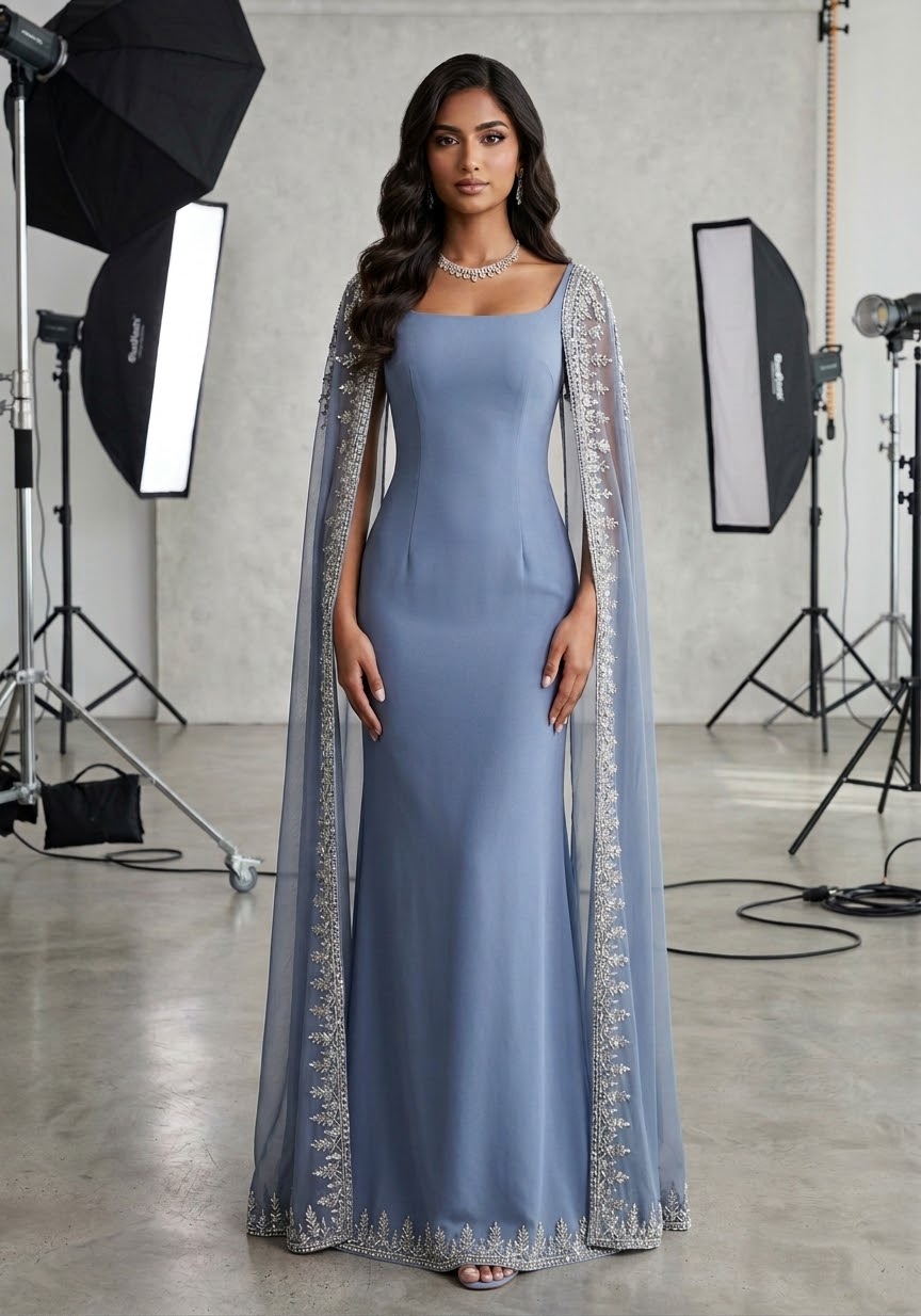 Embroidered Cape-Sleeve Square-Neck Gown