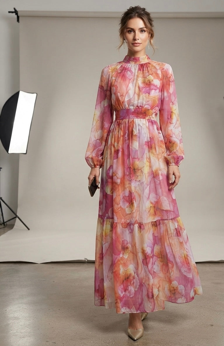 Watercolor Floral Chiffon Tiered Maxi Dress