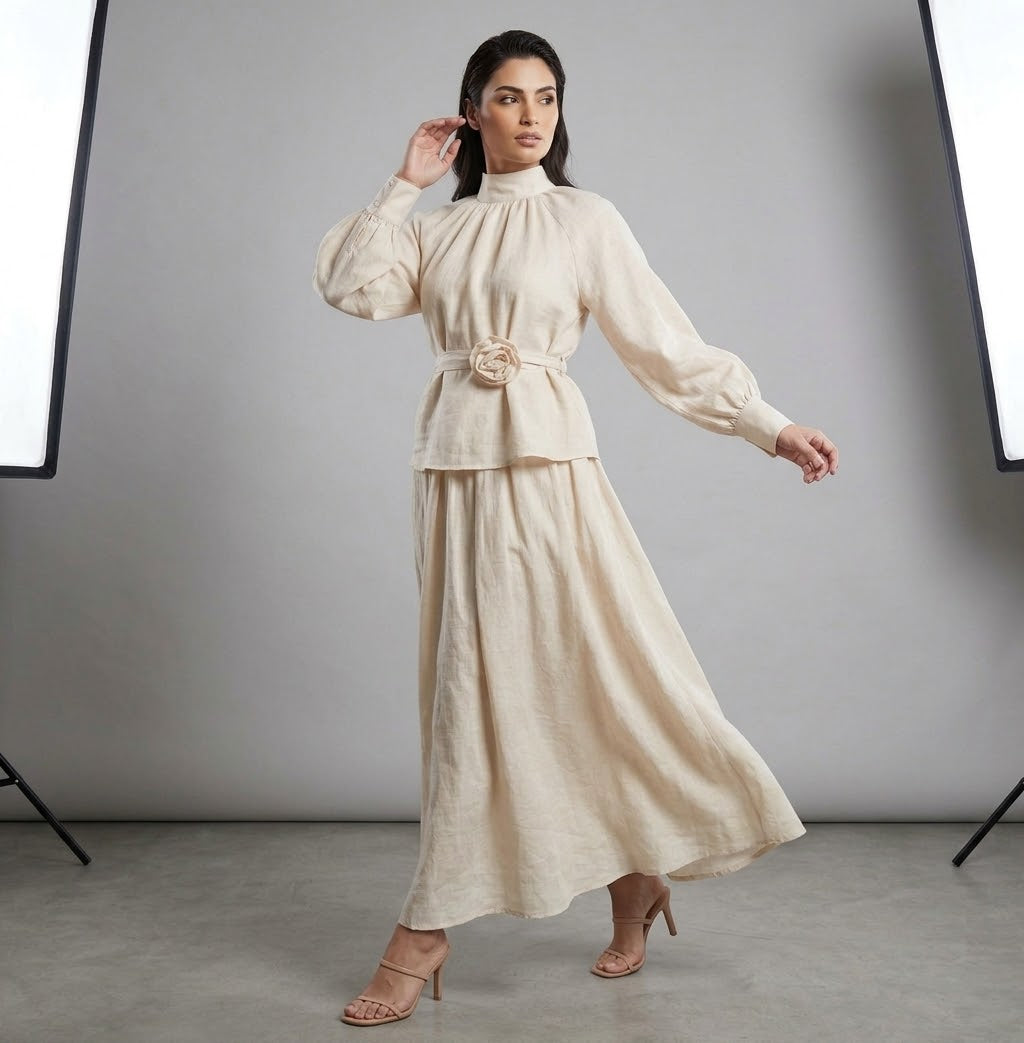 The Isla Rosette-Belted High-Neck Linen Set