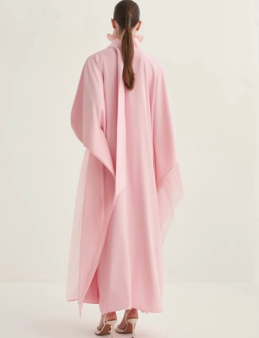 High-Neck Organza-Trimmed Kaftan Abaya Gown