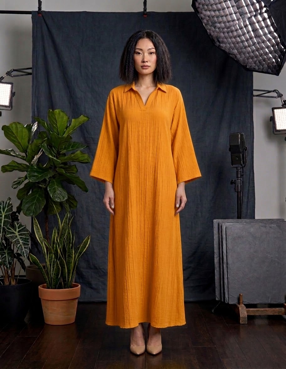 Collared Crinkle Linen-Blend Maxi Kaftan