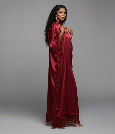 The Zahra Satin Cold-Shoulder Fringe Kaftan