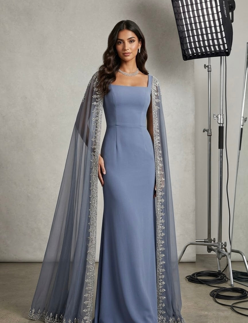 Embroidered Cape-Sleeve Square-Neck Gown