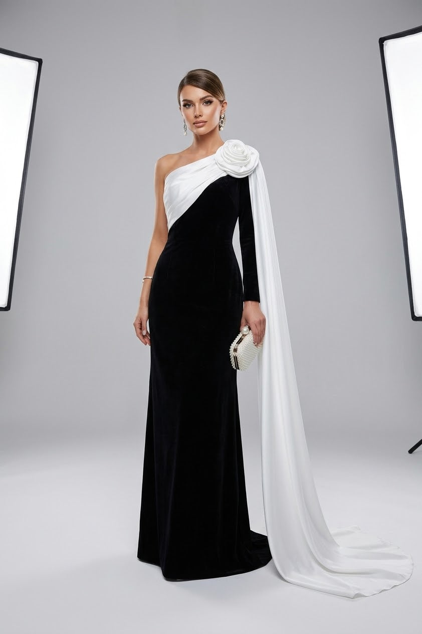 One-Shoulder Velvet Gown with Rosette Cape Train