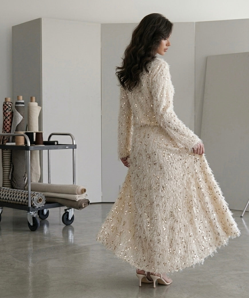 Feathered Sequin Two-Piece Maxi Skirt Set