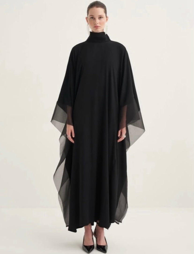 High-Neck Organza-Trimmed Kaftan Abaya Gown
