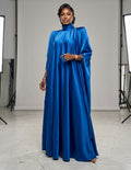 High-Neck Satin Pleated Kaftan Maxi Dress