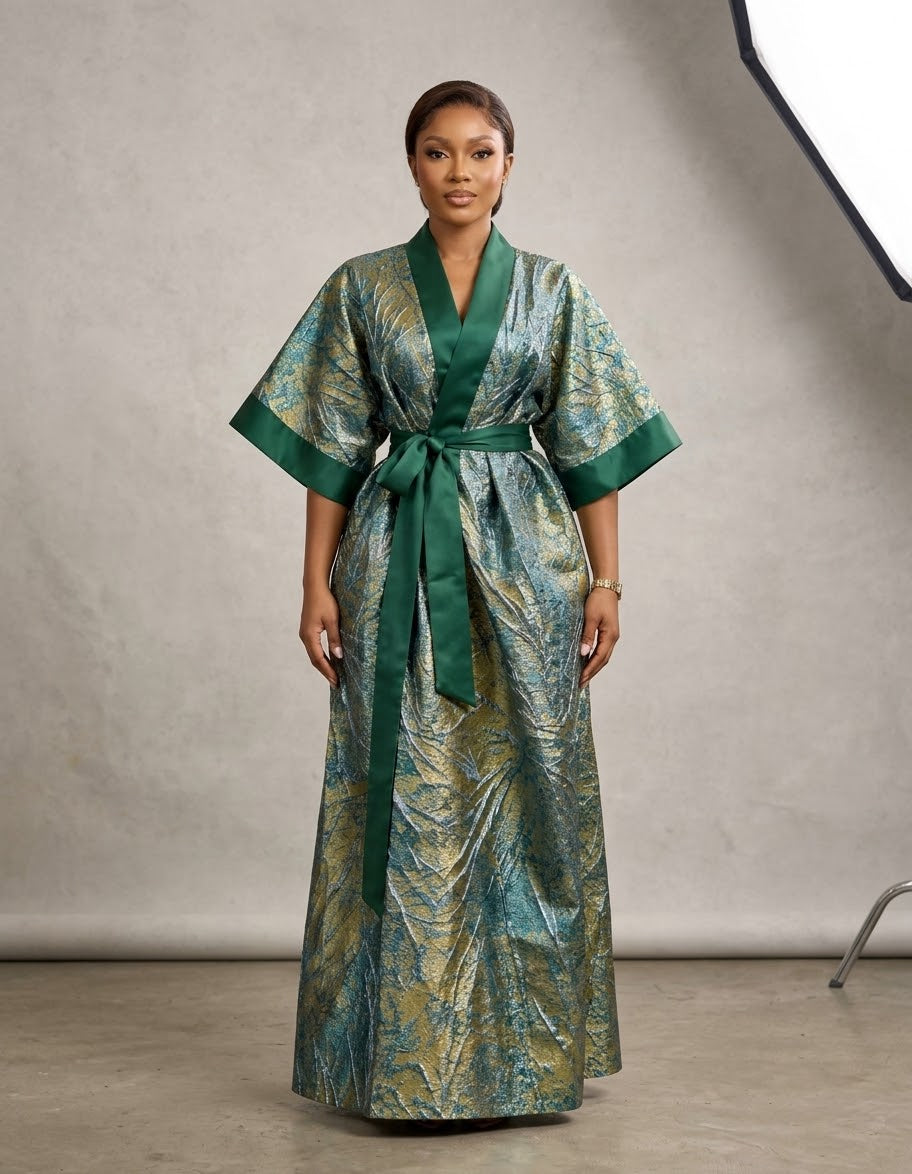 Metallic Textured Jacquard Kimono Wrap Dress