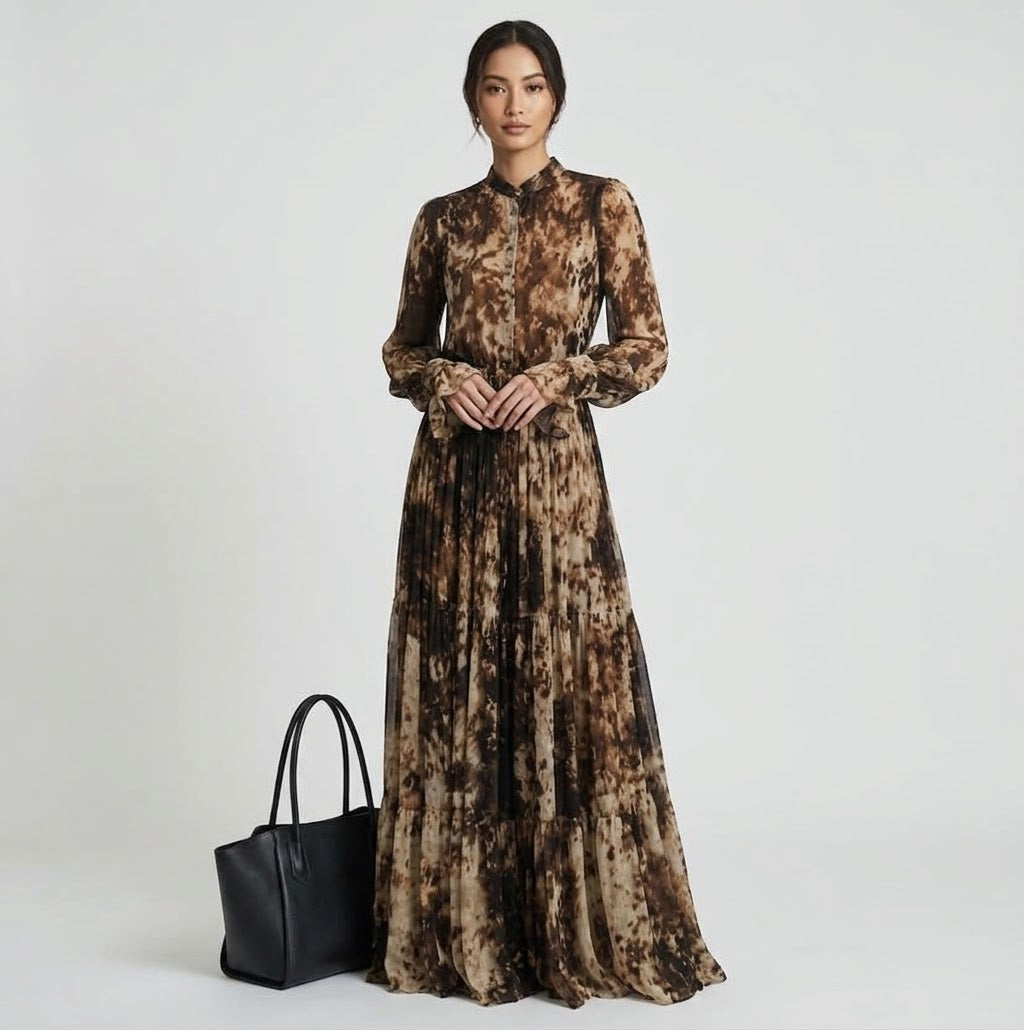 The Florence Abstract Print Tiered Maxi Dress – Mocha & Ebony