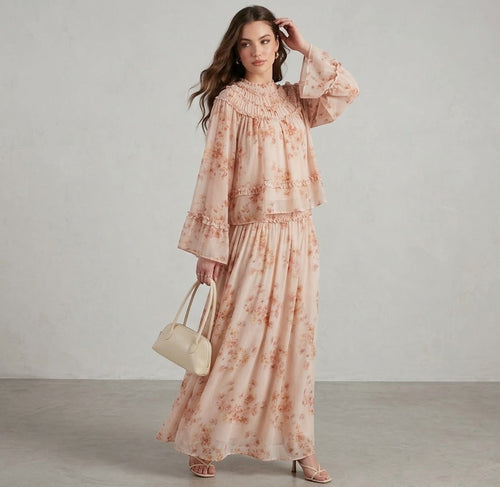 Floral Smocked High-Neck Two-Piece Maxi Set