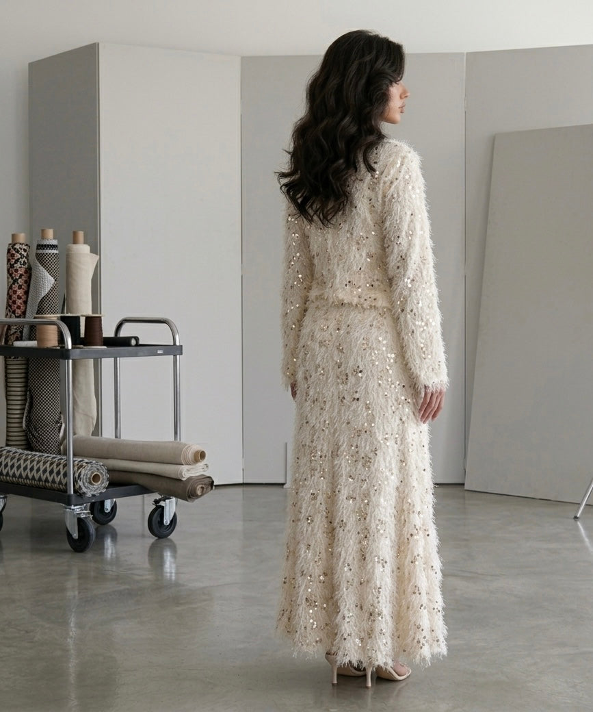 Feathered Sequin Two-Piece Maxi Skirt Set