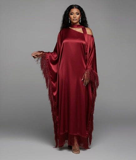 The Zahra Satin Cold-Shoulder Fringe Kaftan