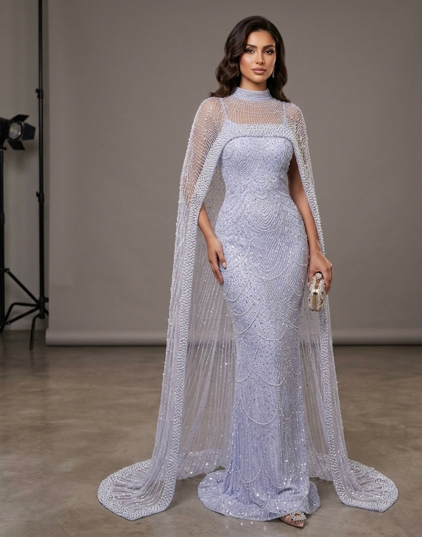 Luxury Pearl-Embellished Mermaid Evening Gown with Sheer Beaded Cape