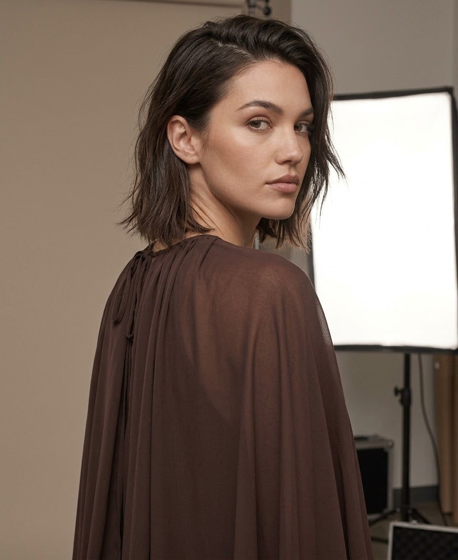 Chiffon Layered Capelet Maxi Dress with Cascade Ruffles