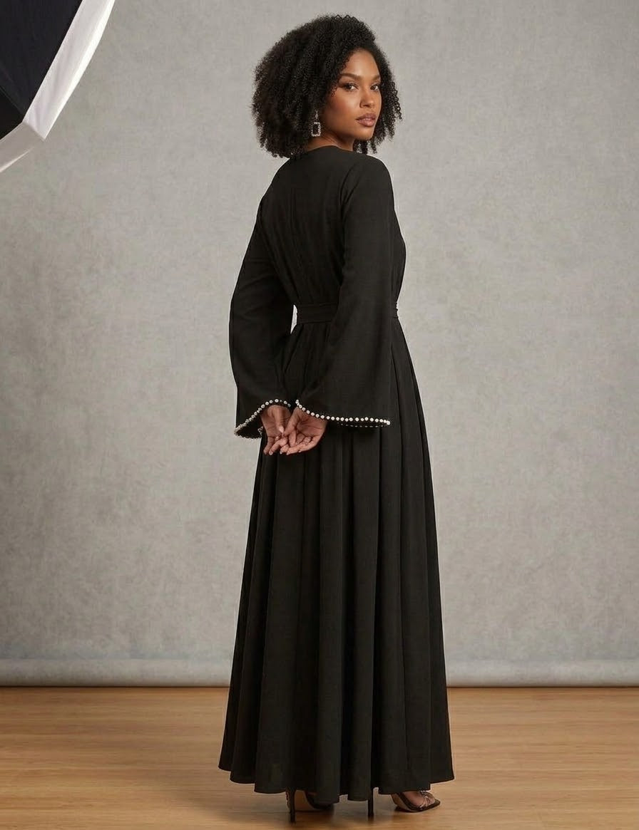 Pearl-Trimmed Long Sleeve Belted Abaya Dress