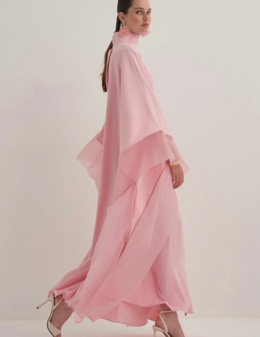 High-Neck Organza-Trimmed Kaftan Abaya Gown