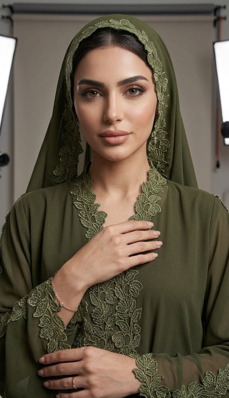 Lace-Trimmed Olive Green Abaya 3-Piece Set