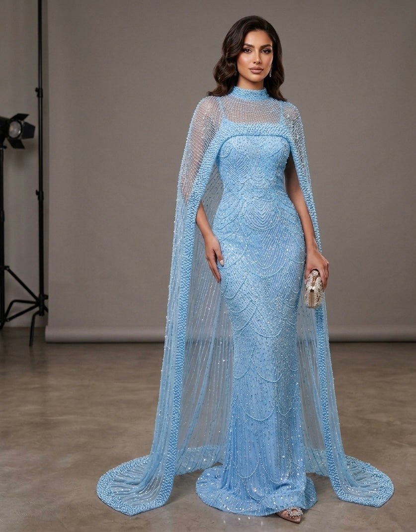Luxury Pearl-Embellished Mermaid Evening Gown with Sheer Beaded Cape