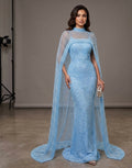 Luxury Pearl-Embellished Mermaid Evening Gown with Sheer Beaded Cape