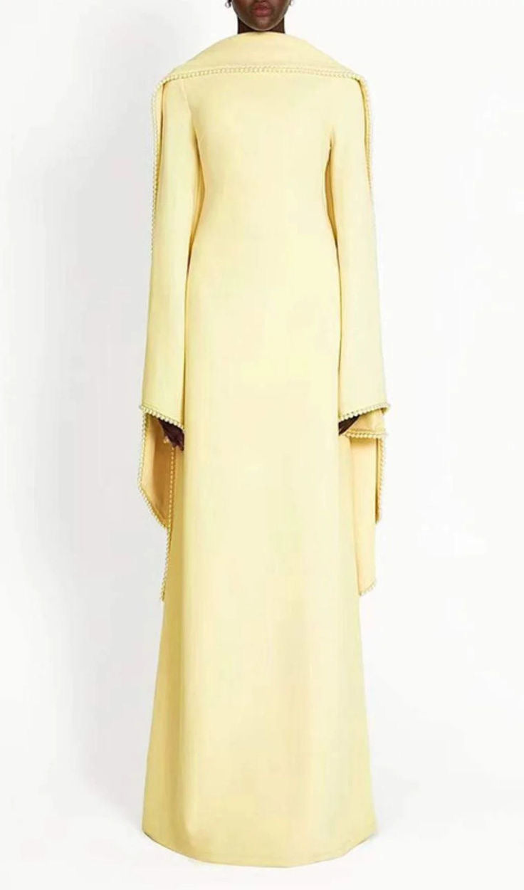 Elegant Pearl-Trimmed Cape Sleeve Maxi Evening Gown