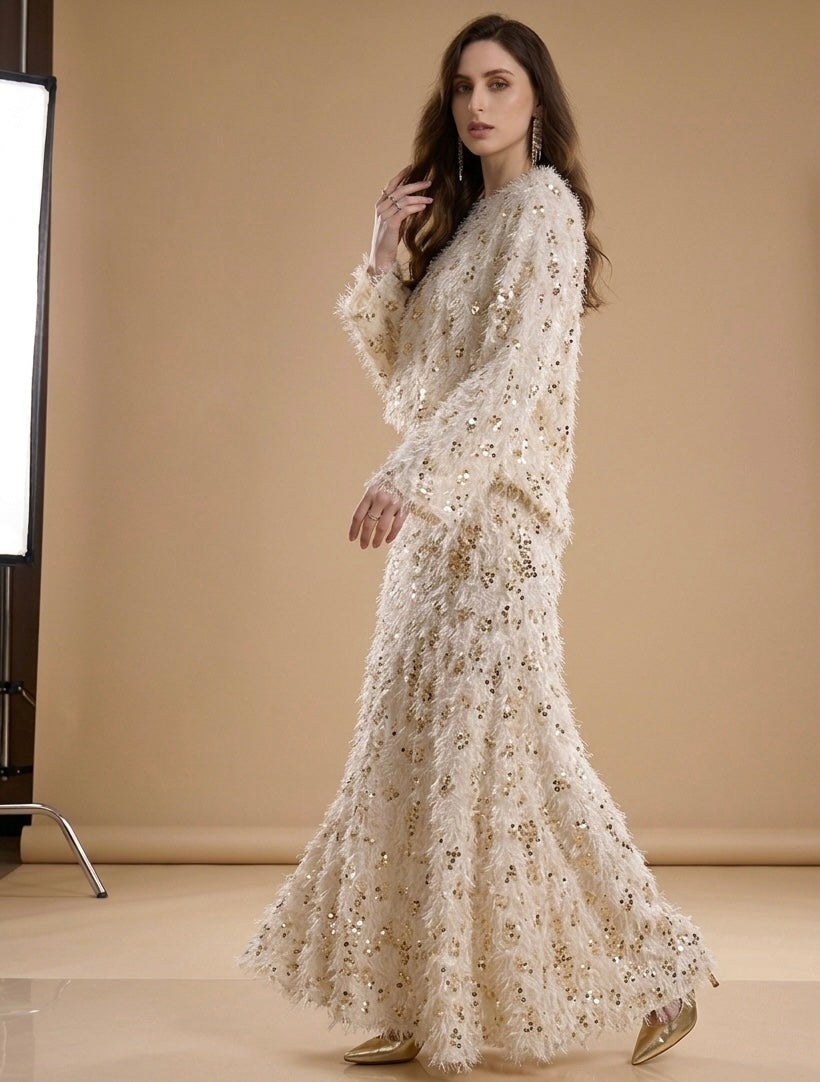 Feathered Sequin Two-Piece Maxi Skirt Set