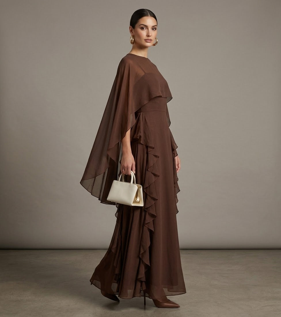 The Farah Cascading Ruffled Cape Chiffon Maxi Gown