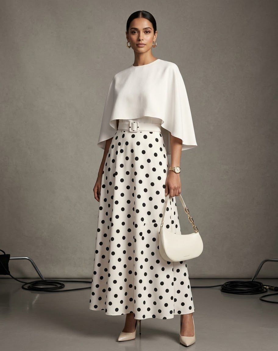 Polka Dot Maxi Dress with Detachable Cape Set
