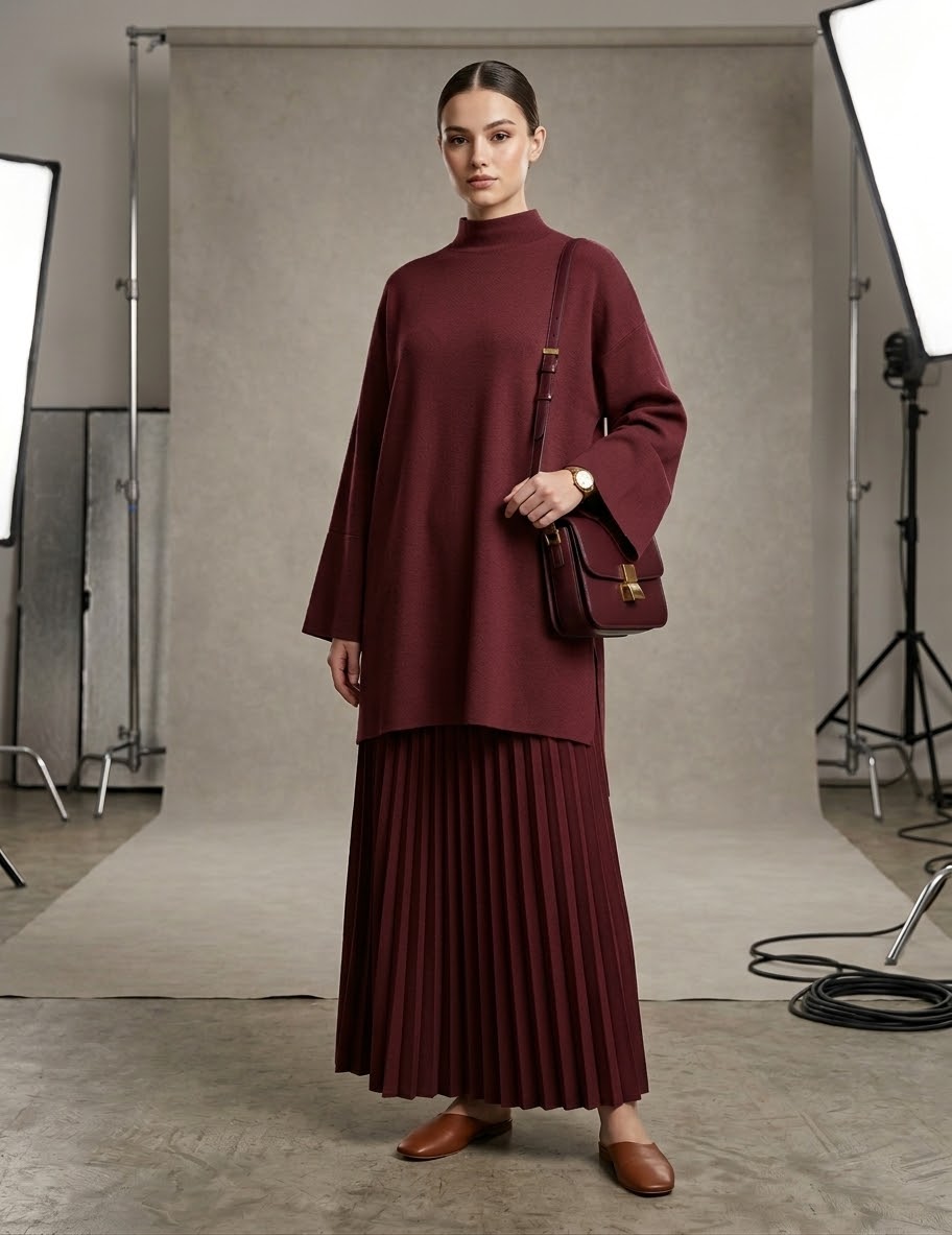 Mock-Neck Tunic & Pleated Skirt Co-Ord Set