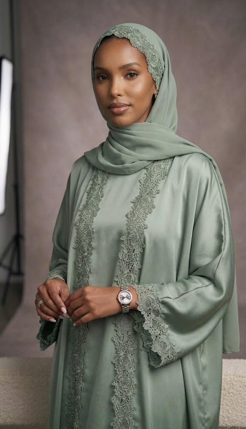 Sage Green Lace-Trimmed Abaya 3-Piece Setg