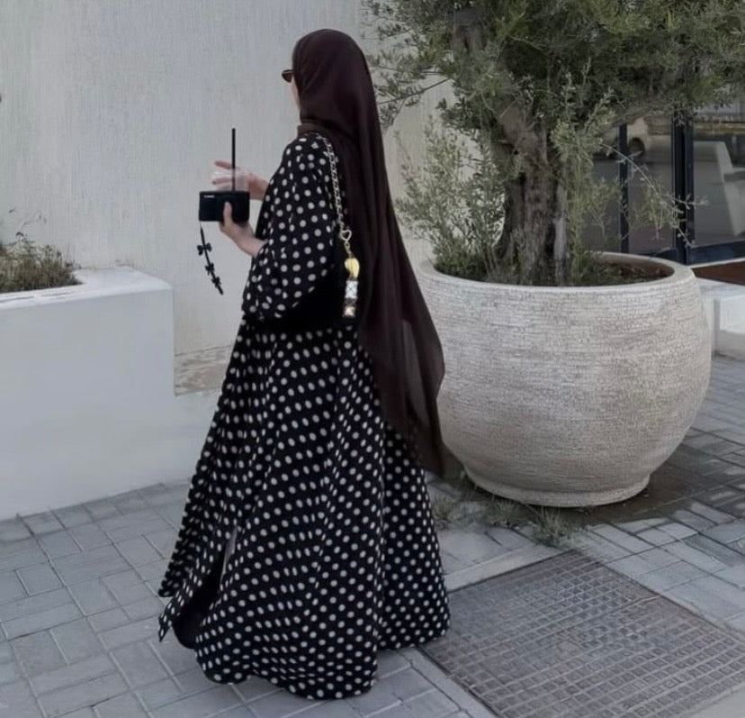 Polka Dot Front-Button Abaya Set with Matching Sheila