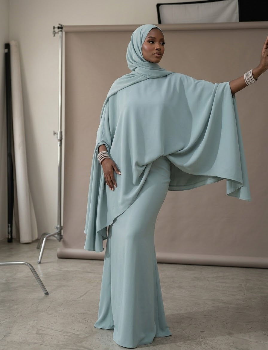 Stand-Collar Cape Top & Skirt Set with Chiffon Hijab