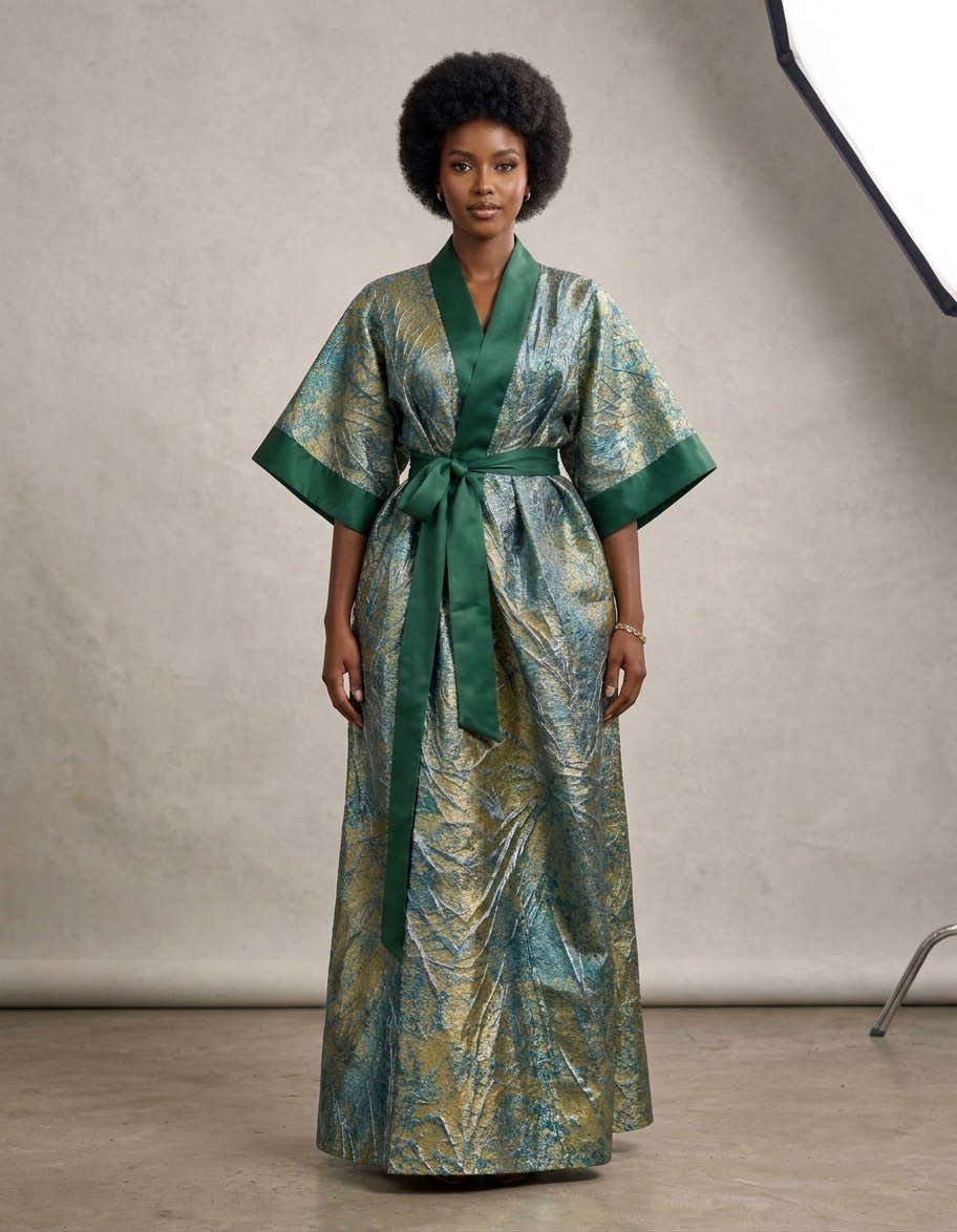 Metallic Textured Jacquard Kimono Wrap Dress