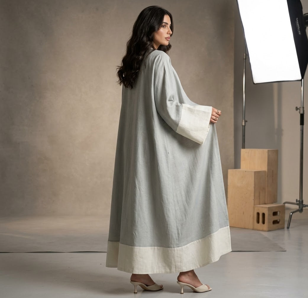 Contrast-Border Linen Abaya Set with Inner Dress & Hijab