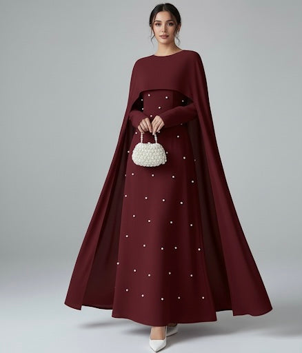 Pearl-Embellished Burgundy Cape Maxi Dress