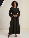Pearl-Trimmed Long Sleeve Belted Abaya Dress