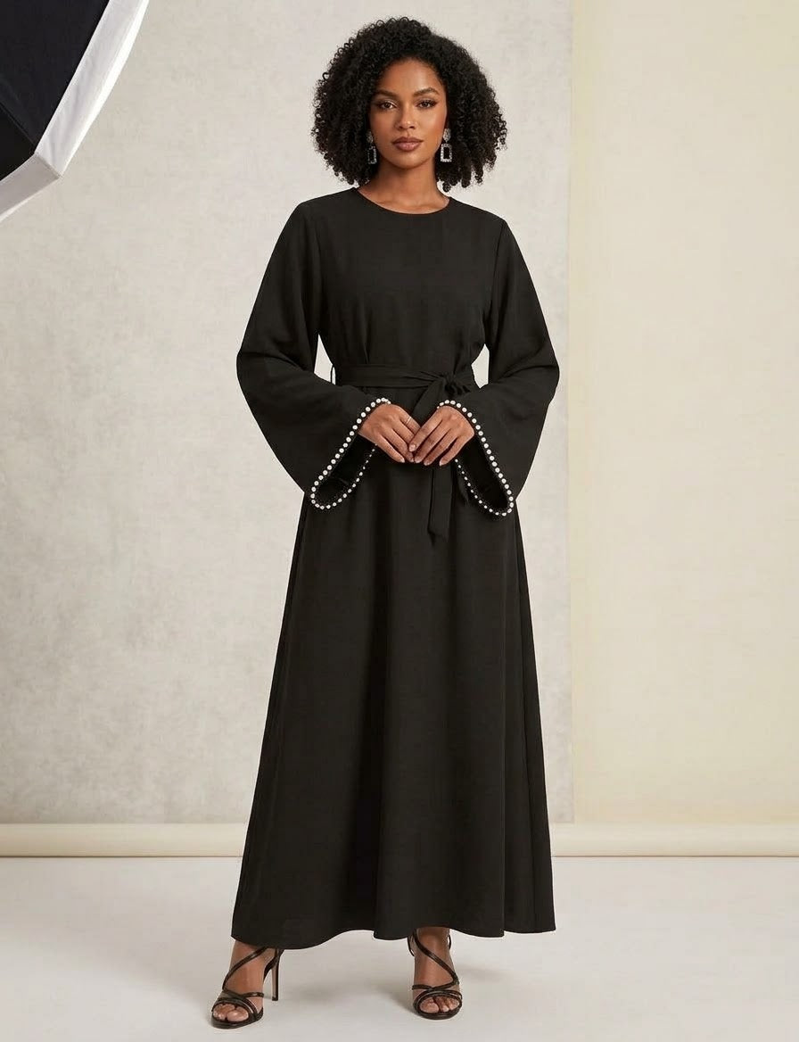 Pearl-Trimmed Long Sleeve Belted Abaya Dress