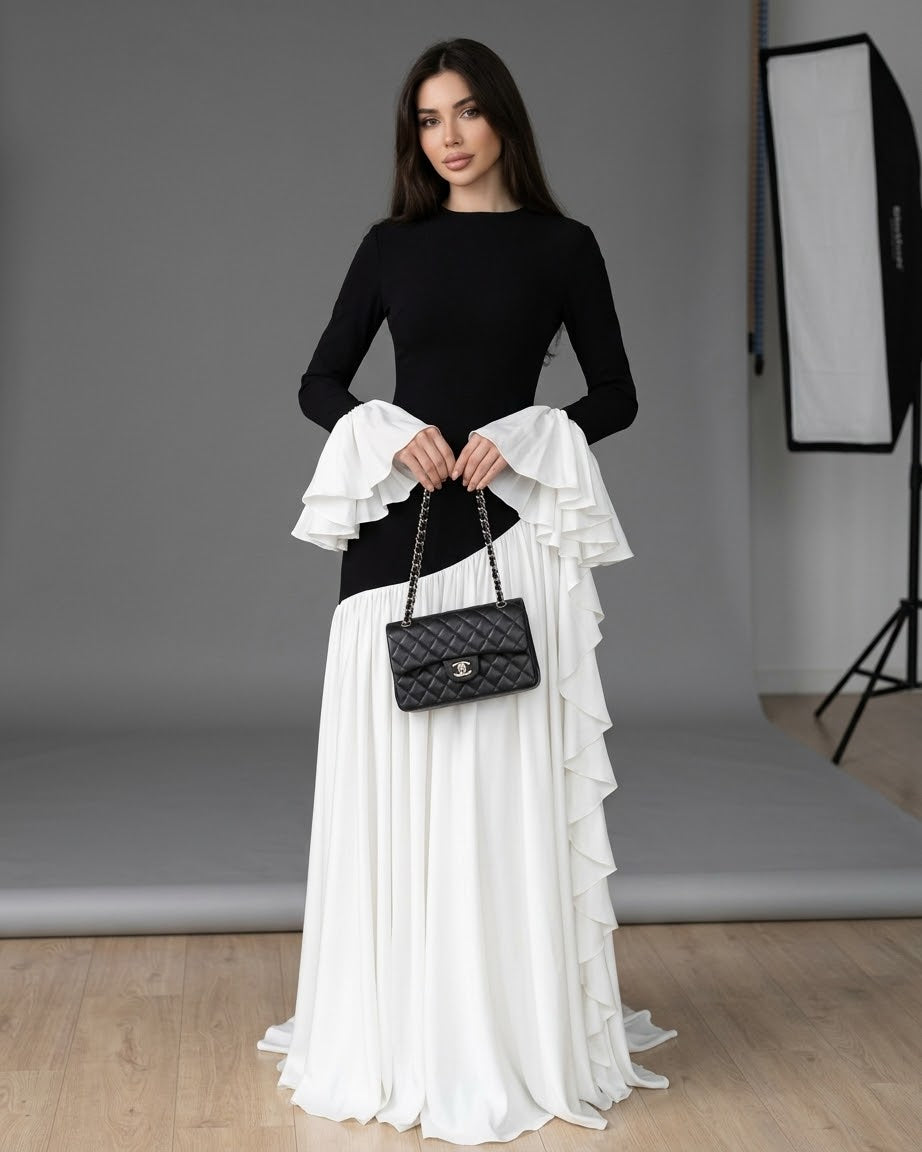 Contrast Ruffled Long-Sleeve Colorblock Gown