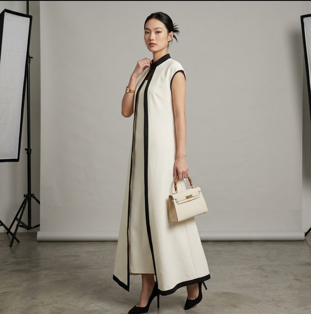 Contrast Piping Sleeveless Vest Abaya Set