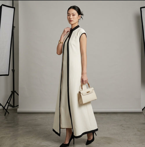 Contrast Piping Sleeveless Vest Abaya Set