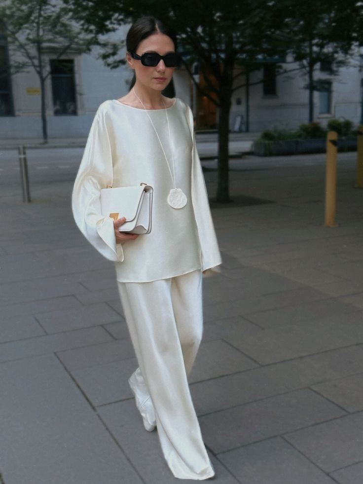 Satin Oversized Tunic and Wide-Leg Trousers Two-Piece Set